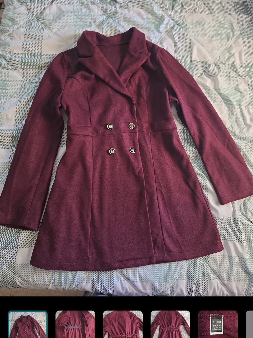 SHEIN Burgundy Double-Breasted Pea Coat